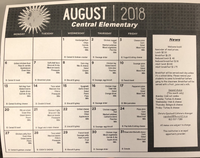 August Lunch Calendar 