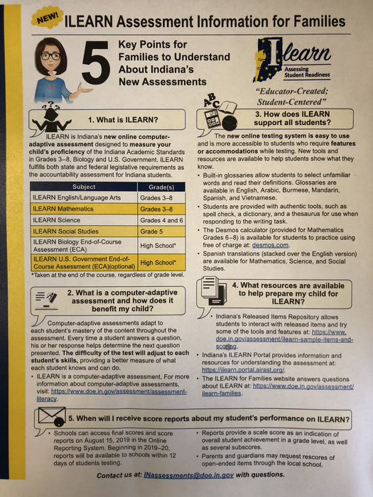 ILEARN flyer for state assessment information. 